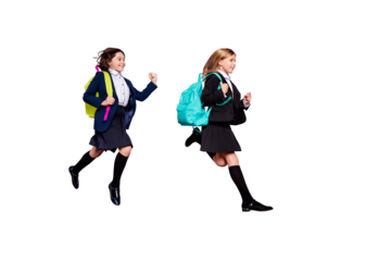 Full size profile side photo sweet kids run late elementary school wear skirt long socks stylish trendy isolated over purple violet background