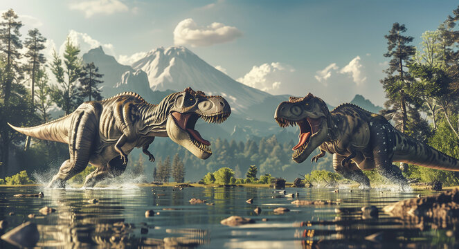 Dinosaurs Fighting in The Lake