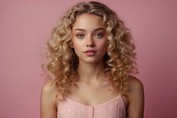 Curly blonde girl on a pink background, portrait, emotions, copy space.