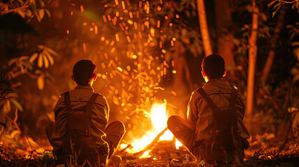 group of scouts sit by the campfire, enjoying nature