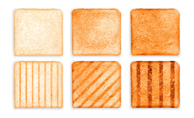 Set of sliced Toast Bread slices isolated on white background. Pieces of lightly toasted white wheat bread. Grilled toast.
Close-up of toast. Top view. Realistic vector set