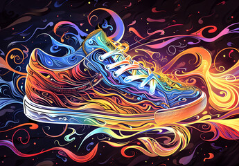 Obraz premium Creative bright colorful sneakers on a dark background design. Sports footwear and fashion concept. Banner for design 