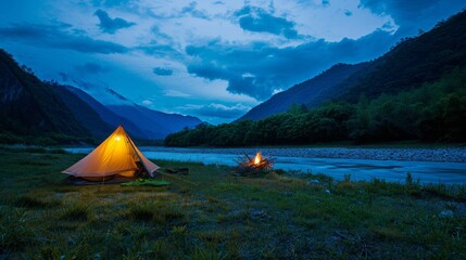 Campsite at Dusk With Tent and Fire