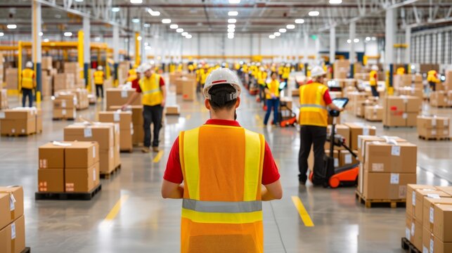 logistics center with advanced tracking technology, workers scanning packages, and a seamless operation in a modern facility, providing ample copy space for text