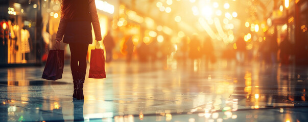 A woman is walking down a street with shopping bags in her hands. The scene is set in a city at night, with bright lights illuminating the area. The woman is in a hurry
