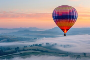 Obraz premium Hot Air Balloon Flying Over Misty Hills at Sunrise