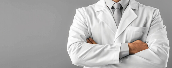 A man in a white lab coat is wearing a tie and has his arms crossed. Concept of professionalism and formality, as the man is dressed in a suit and tie, which is typically worn in a work setting