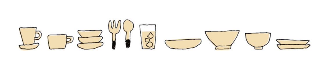 コップやお皿などの食器のゆるい手描きの線画_横長_黒とベージュ