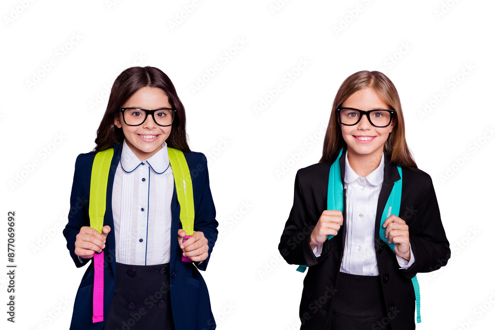 Wall mural portrait of charming children look feel joy confident isolated over purple background