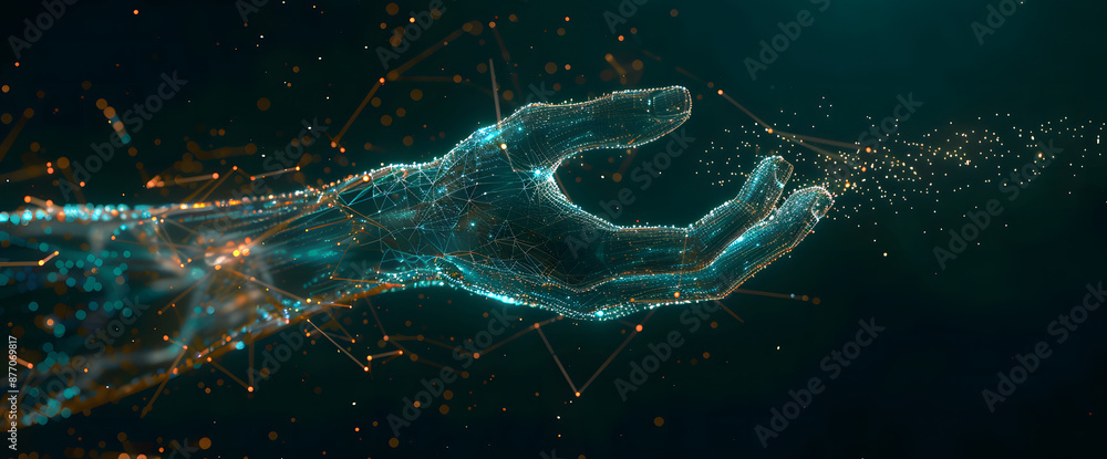Poster digital hand hologram on dark background with copy space design. neural network connection. communic