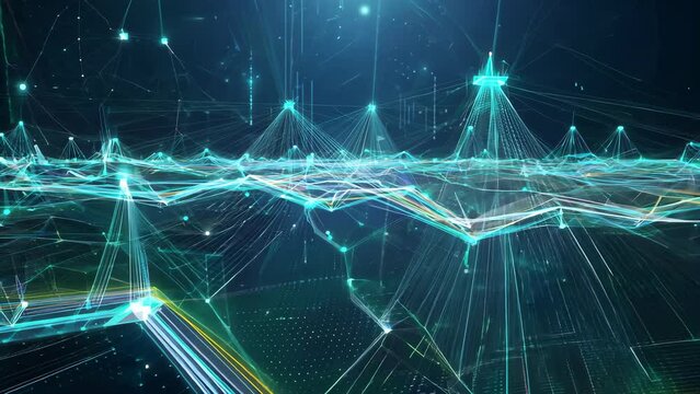 Abstract high-tech footage depicting mountains and peaks. Applicable for high technology, digitalization, 3D animation, topography visualization.