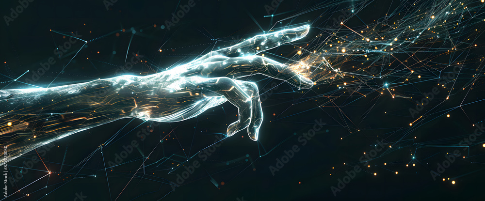 Poster digital hand hologram on dark background with copy space design. neural network connection. communic