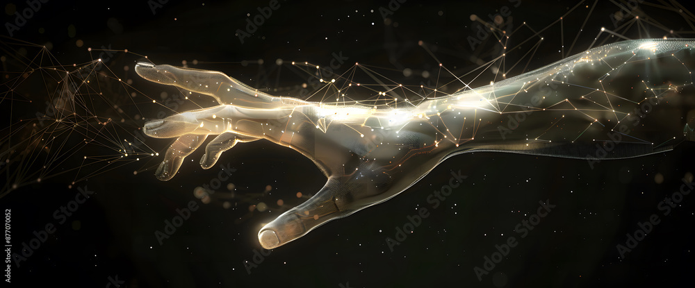 Poster digital hand hologram on dark background with copy space design. neural network connection. communic