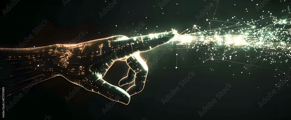 Poster digital hand hologram on dark background with copy space design. neural network connection. communic