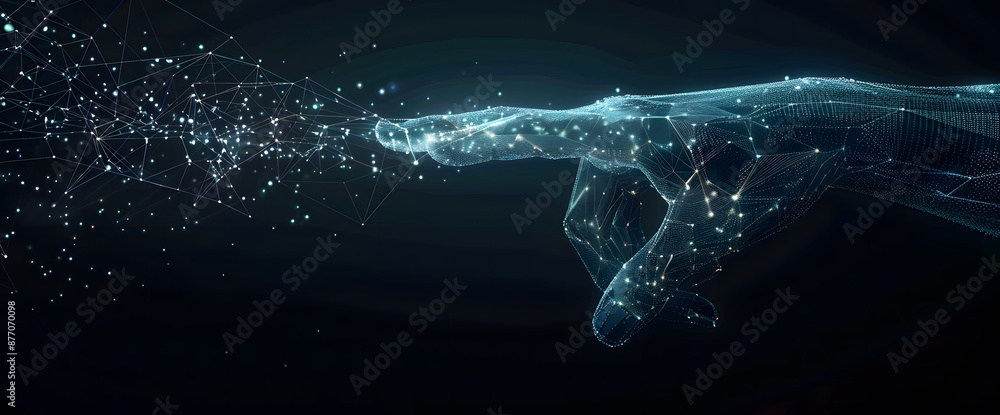 Poster digital hand hologram on dark background with copy space design. neural network connection. communic
