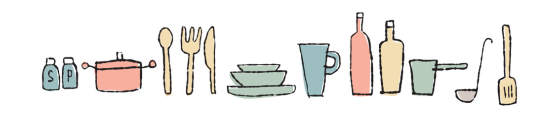 調理道具と食器のゆるい手描きの線画_横長_カラー
