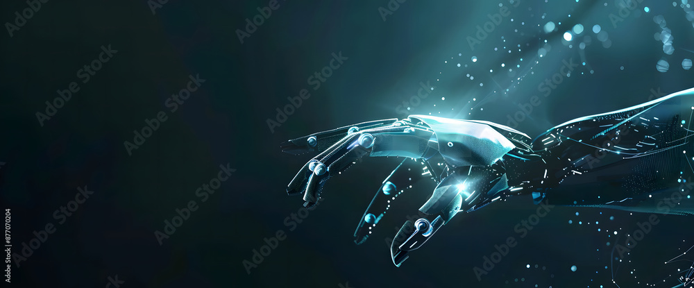 Poster digital hand hologram on dark background with copy space design. neural network connection. communic
