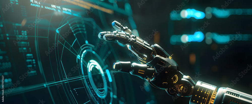 Poster digital hand hologram on dark background with copy space design. neural network connection. communic