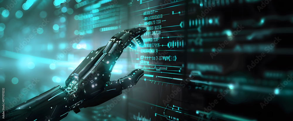 Poster digital hand hologram on dark background with copy space design. neural network connection. communic