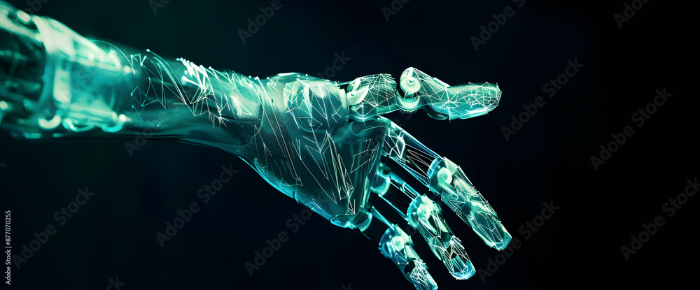 Poster digital hand hologram on dark background with copy space design. neural network connection. communic