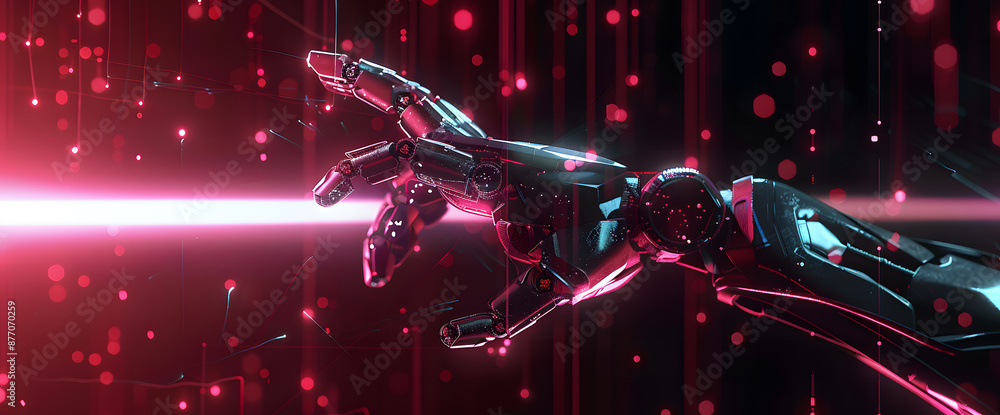 Poster digital hand hologram on dark background with copy space design. neural network connection. communic