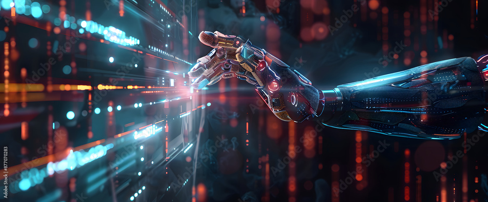 Poster digital hand hologram on dark background with copy space design. neural network connection. communic