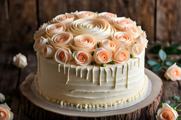  Vanilla cake adorned with elegant buttercream roses, set on a rustic wooden table."