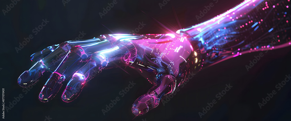 Poster digital hand hologram on dark background with copy space design. neural network connection. communic