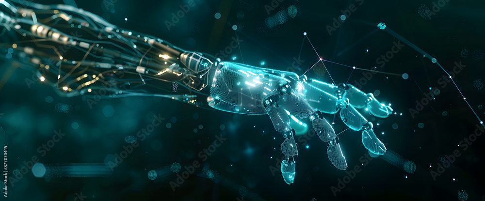 Poster digital hand hologram on dark background with copy space design. neural network connection. communic