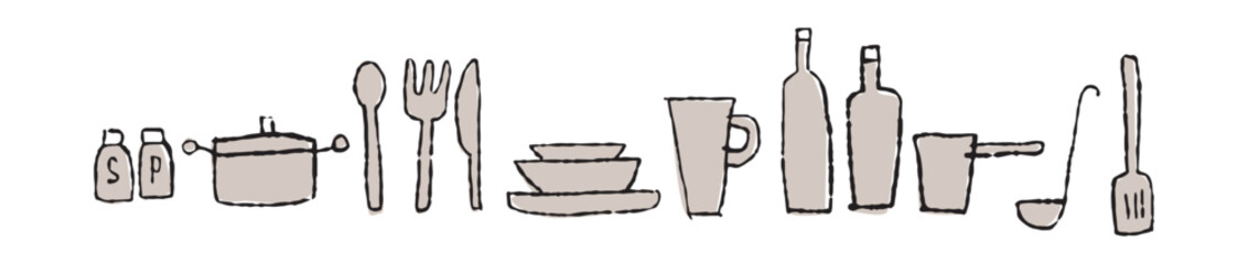 調理道具と食器のゆるい手描きの線画_横長_黒とグレイ