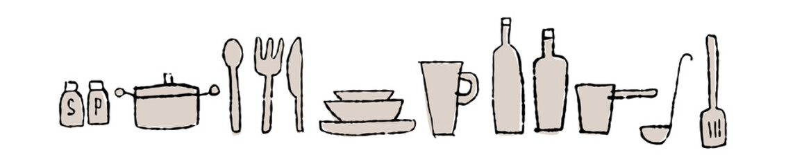 調理道具と食器のゆるい手描きの線画_横長_黒とグレイ