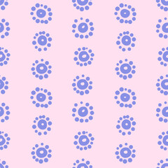 Vector simple seamless pattern with abstract flowers or suns. Repeating background of blue circles with spots around in hand drawn style. Design for fabric, wallpaper, wrapping paper, cover