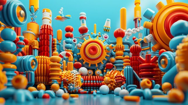 a surreal and imaginative background wallpaper representing innovation in action, with abstract forms, futuristic elements, and bold colors, providing clear copy space for text