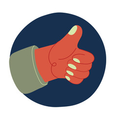 Carton vector illustration of hand showing thumbs up sign over dark background.