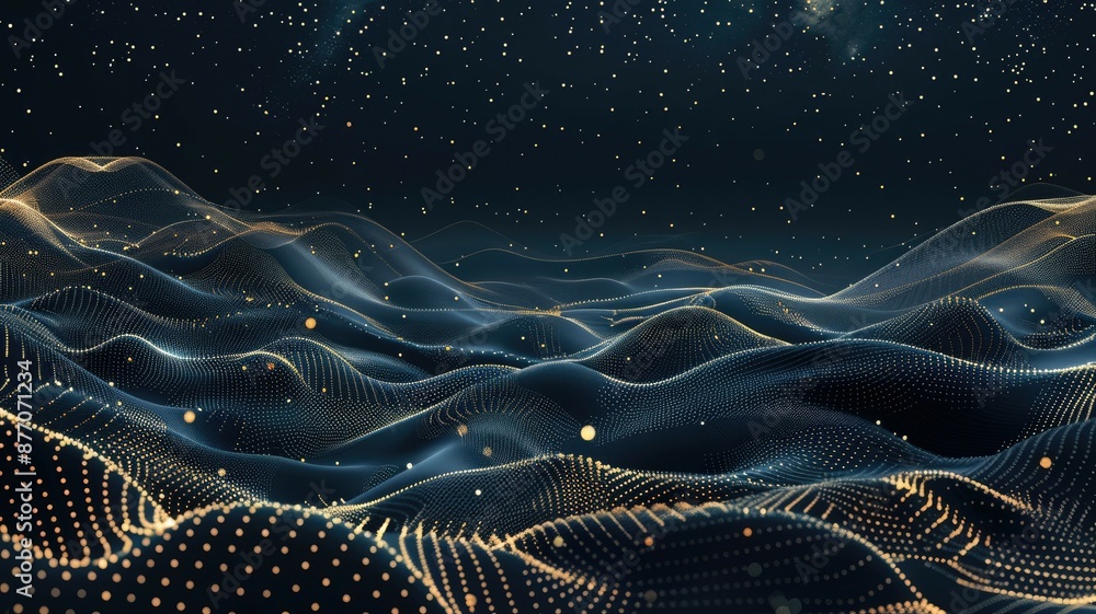 Poster dynamic digital landscape featuring glowing particles and waves. perfect for modern tech and sci-fi 
