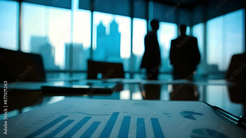 Aufkleber two businessmen stand in the background of a conference room, silhouetted against a large window ove