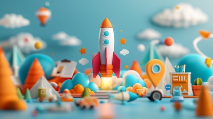 a hyperrealistic wallpaper depicting the innovative journey of a startup, with elements of brainstorming, development, and creative design, offering ample copy space for text