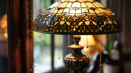 An ornate table lamp with a decorative ceramic base and intricate floral motifs, adding a touch of vintage elegance to a traditional living room ai generative