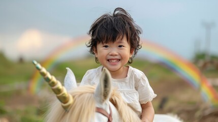a surreal photograph of a 5-year-old Asian kid playing horse riding on a unicorn, with a happy smile and a vibrant rainbow in the background, providing ample copy space for text