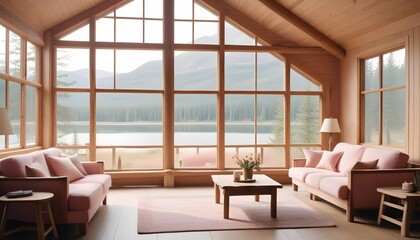 A wooden summer house with large windows surrounded by a lake