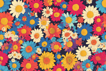 Vibrant multicolored daisies in bold shades of red, blue, yellow, and orange on a dark background, forming a striking seamless pattern.