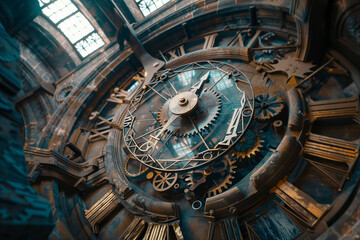 Fototapeta premium ancient clocktower with intricate gears and roman numerals, dramatic lighting and vintage aesthetic, historical and mechanical masterpiece
