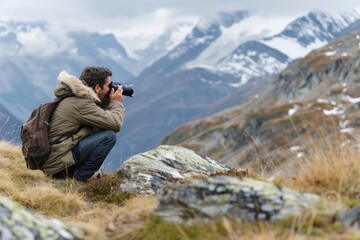 Austria, Grossglockner, Man taking photograph of Alpine Marmots (Marmota marmota)
