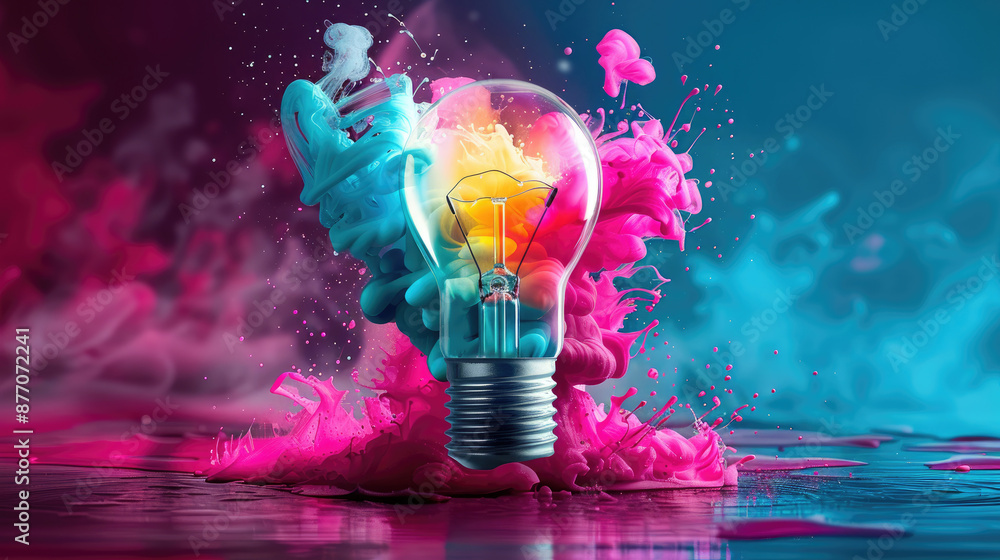 Poster vibrant creative explosion background with copy space, diverse objects, and depth of field.