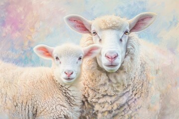 Fototapeta premium Beautiful close up of two small lambs and mother sheep against soft pastel colors