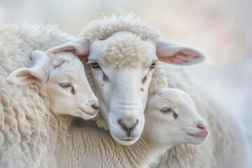 Fototapeta premium Beautiful close up of two small lambs and mother sheep against soft pastel colors