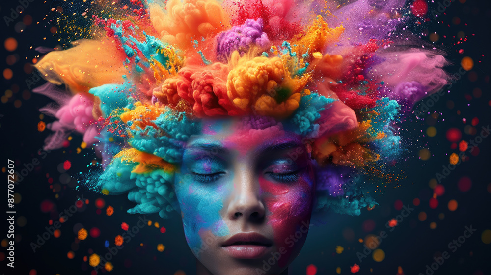 Poster vibrant painting capturing the power of the mind with copy space, covering all objects, and deep dep