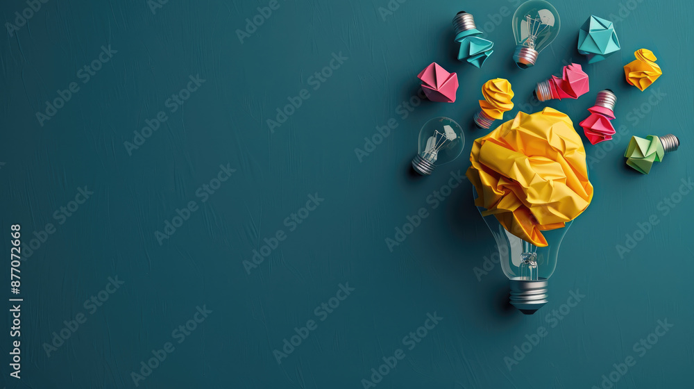 Poster creative team inspiration with copy space, all objects in focus, deep depth of field.