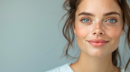 a close-up of a beautiful woman with a calm expression, her face reflecting inner peace and tranquility, providing ample copy space for text