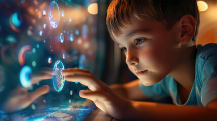 Interactive children's museum exhibit combining Earth & literature info, text space, covering objects, deep depth of field.